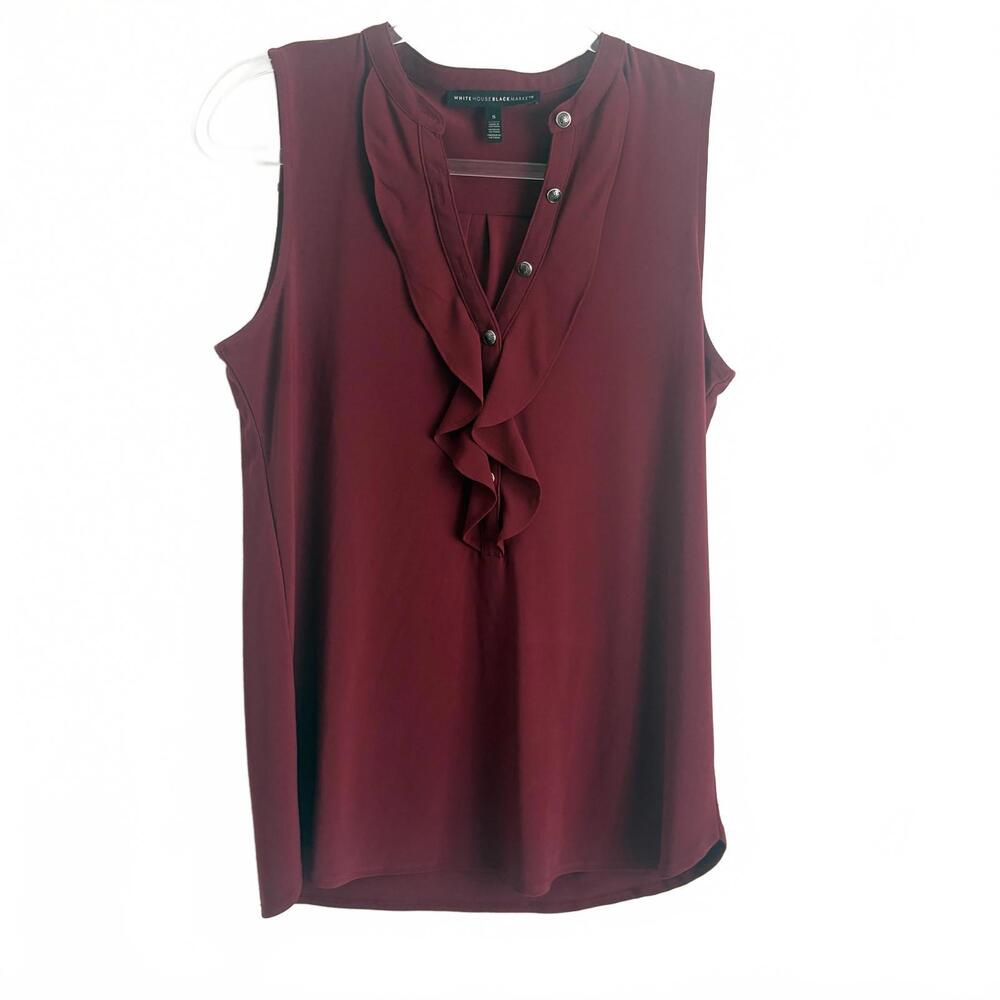 White House Black Market | Wine Burgundy Sleeveless V Neck‎ Ruffle Top Blouse S